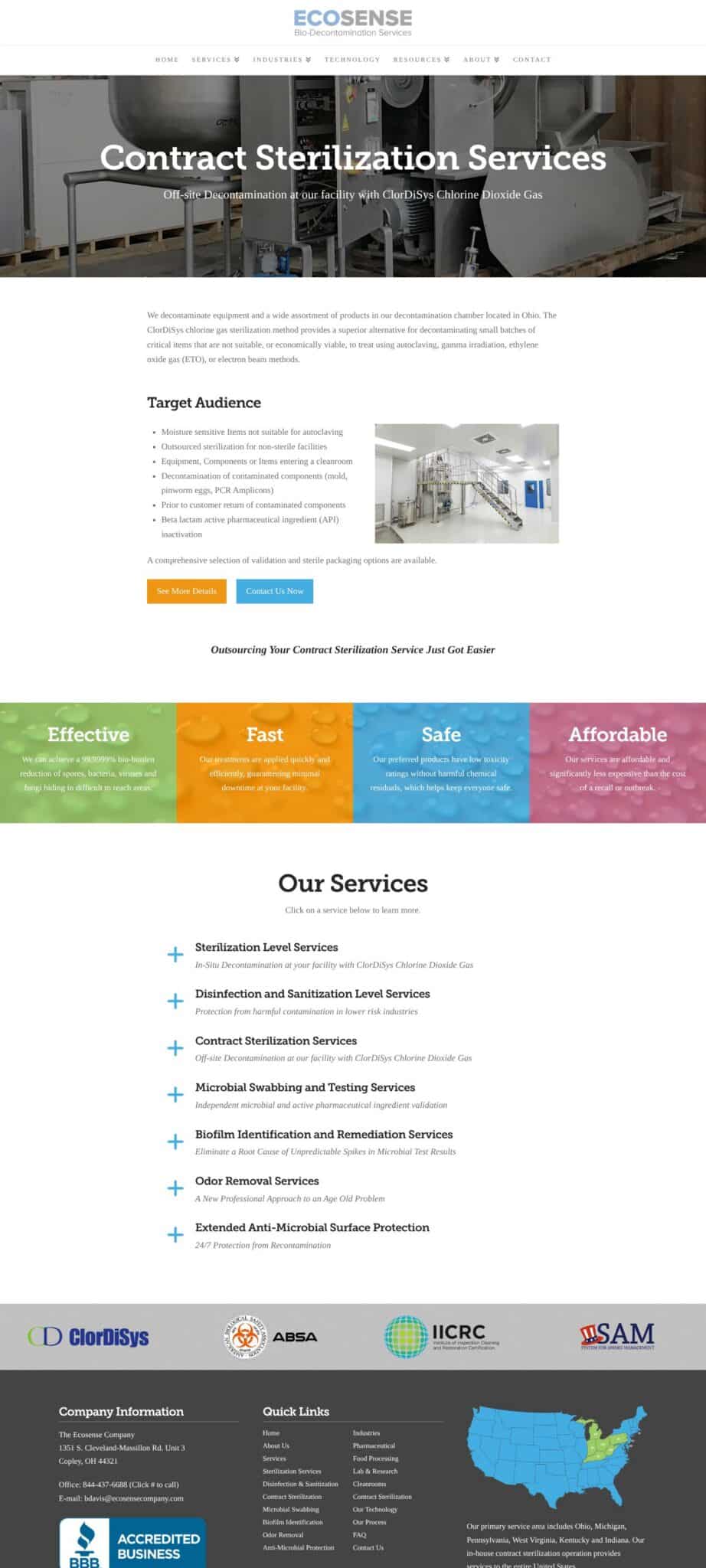 Ecosense website design: the contract sterilization services page