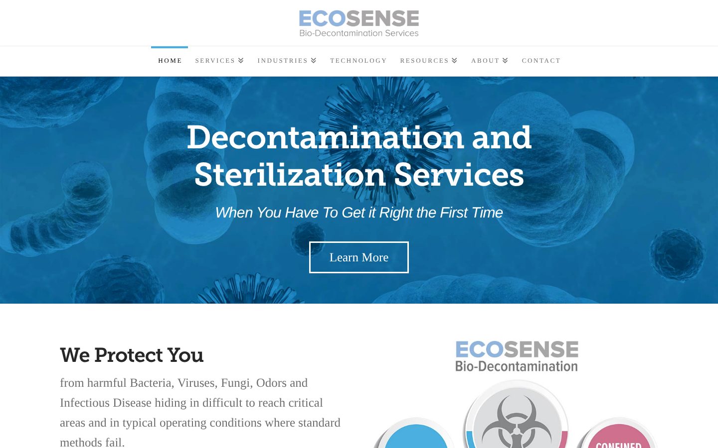 Ecosense website design: the homepage, with the line "Decontamination and sterilization services, when you have to get it right the first time"