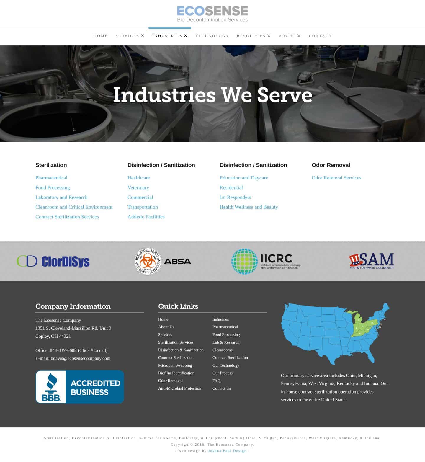 Ecosense website design: the industries page, grouped by sterilization, disinfection and odor removal
