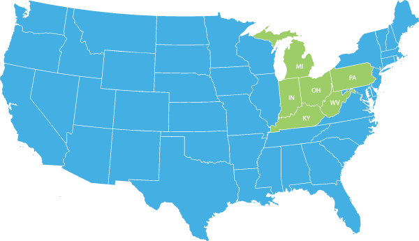 Ecosense website design: the service area map, Ohio, Michigan, Indiana, Kentucky, West Virginia and Pennsylvania