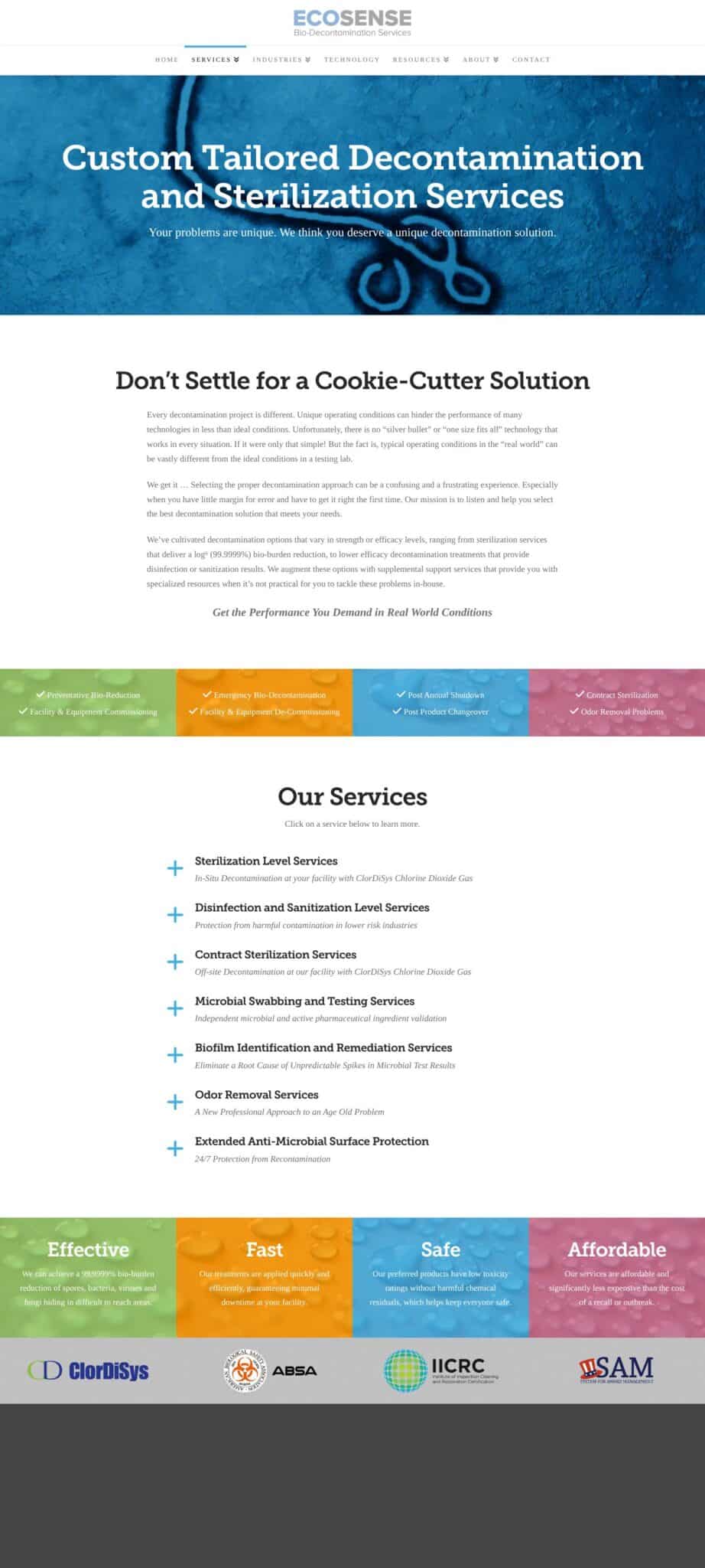 Ecosense website design: the services page: custom tailored decontamination and sterilization services