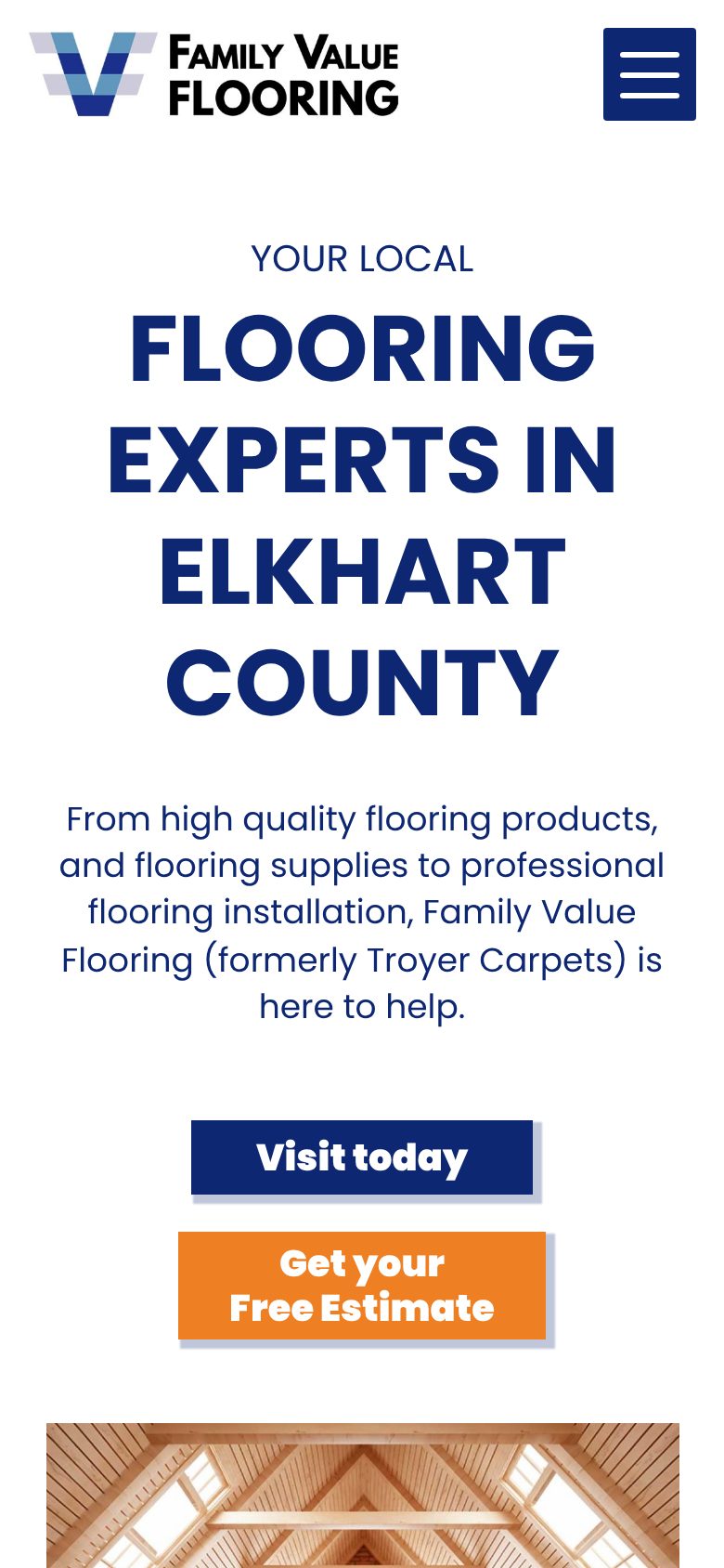 Family Value Flooring website design: the homepage on a phone, with buttons to visit and to get a free estimate