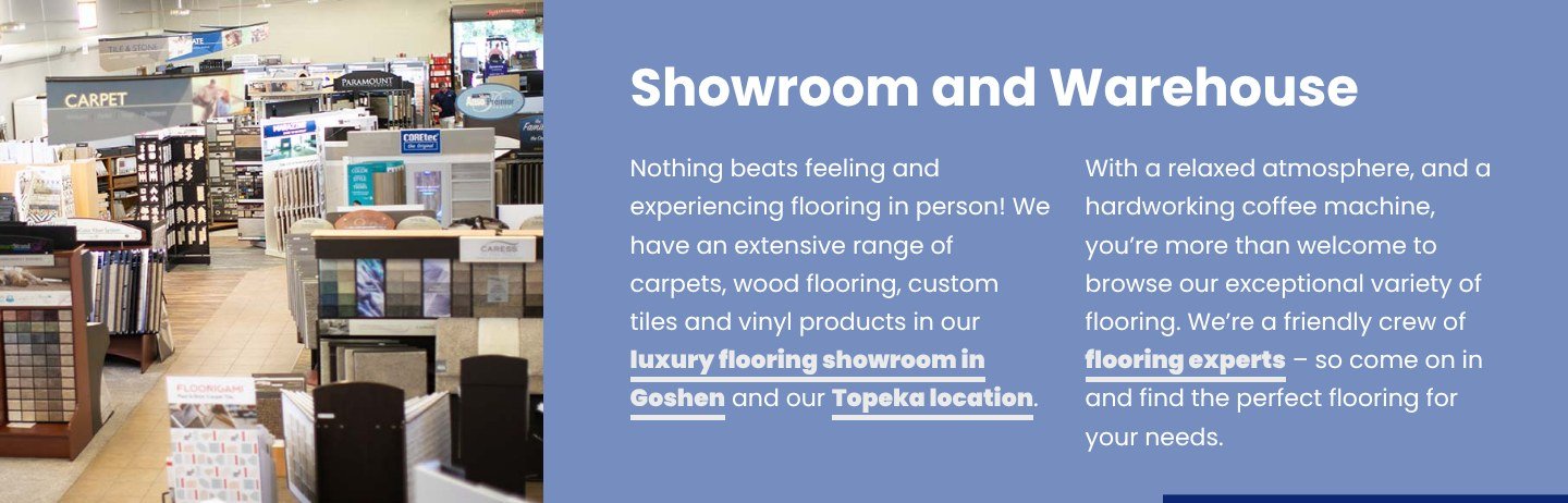 Family Value Flooring website design: the showroom and warehouse section of the homepage, with a photo of the Goshen showroom