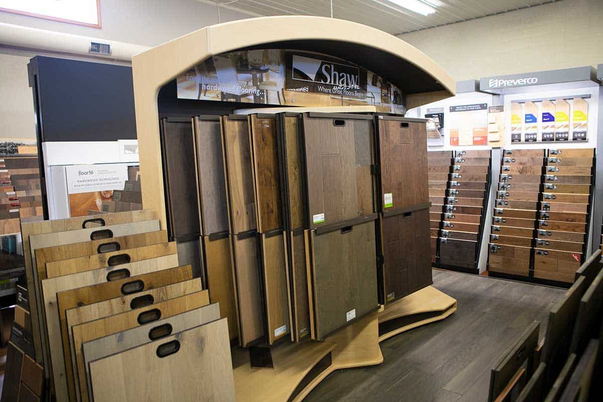 Family Value Flooring website design: one of the store photos on the site, a hardwood flooring display in the Goshen, Indiana showroom