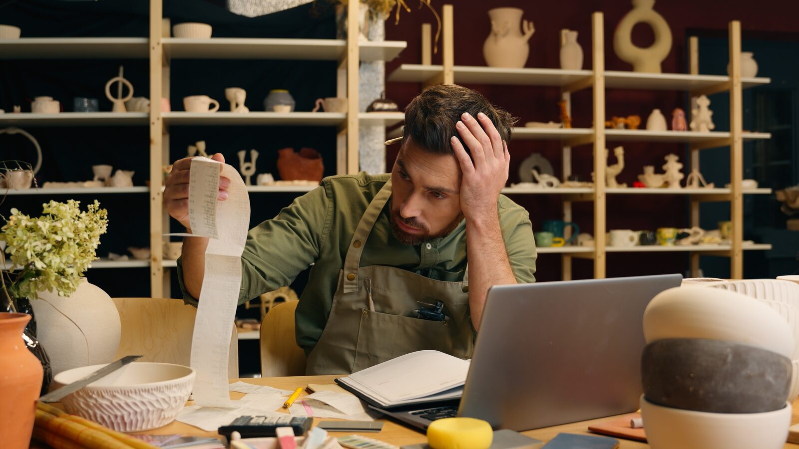 Fix my website: a shocked pottery shop owner looking at a large bill