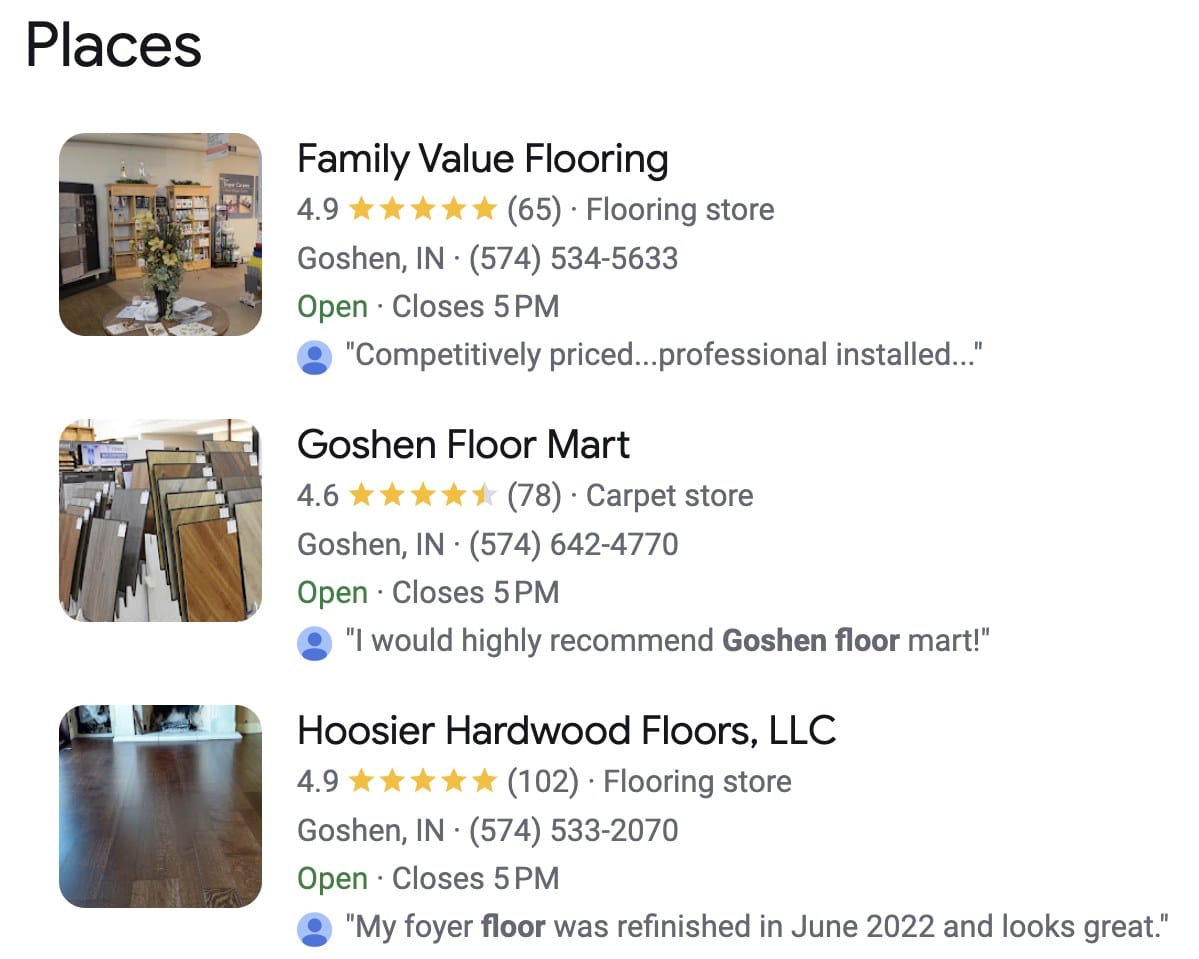Google Business Profile results: Family Value Flooring is the top listing for "flooring installation goshen" in Goshen, Indiana, October 28, 2026
