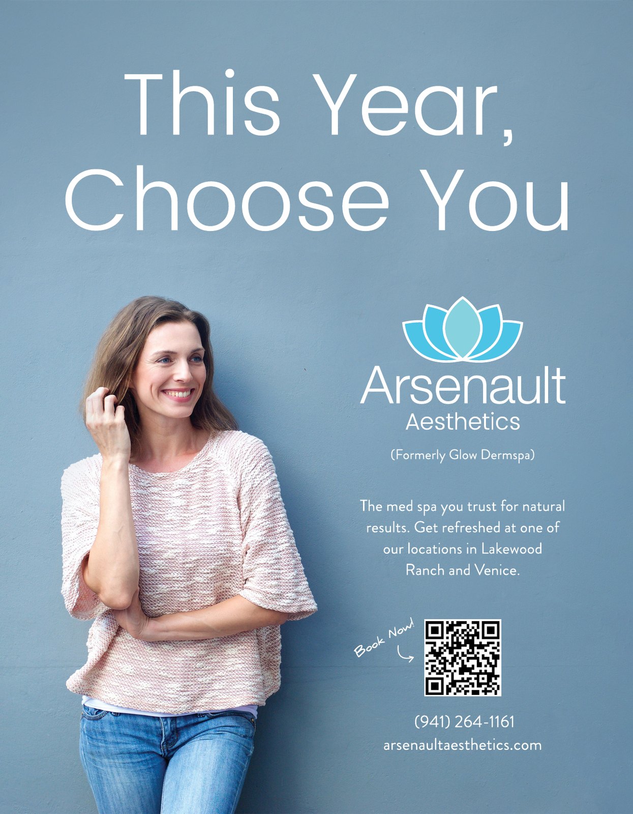 Graphic design for Arsenault Aesthetics: a magazine ad, "This Year, Choose You," Season Magazine, 2024. Designed by Josh Miller