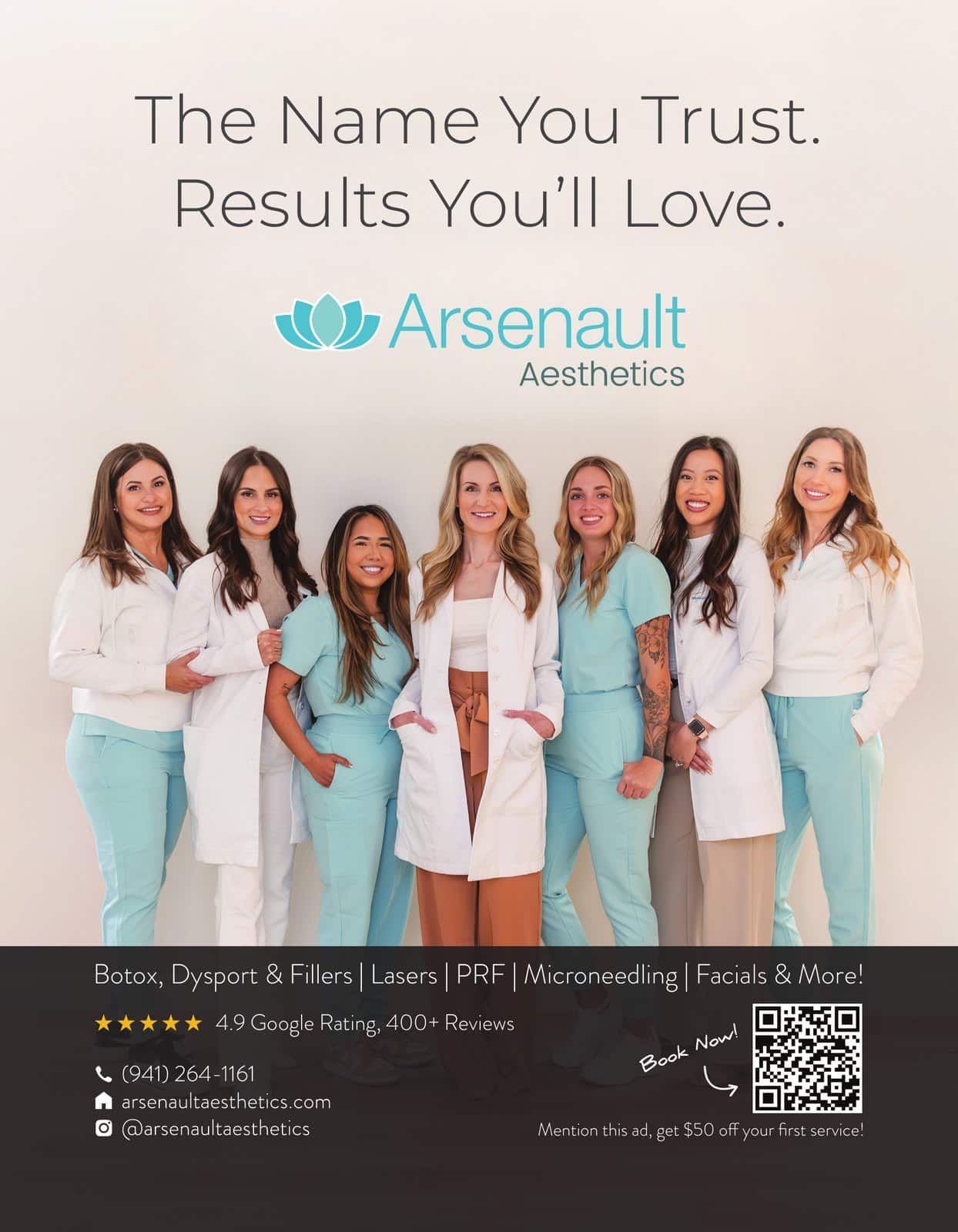 Graphic design for Arsenault Aesthetics: a magazine ad, "The Name You Trust. Results You'll Love," Upscale Life, 2025. Designed by Josh Miller