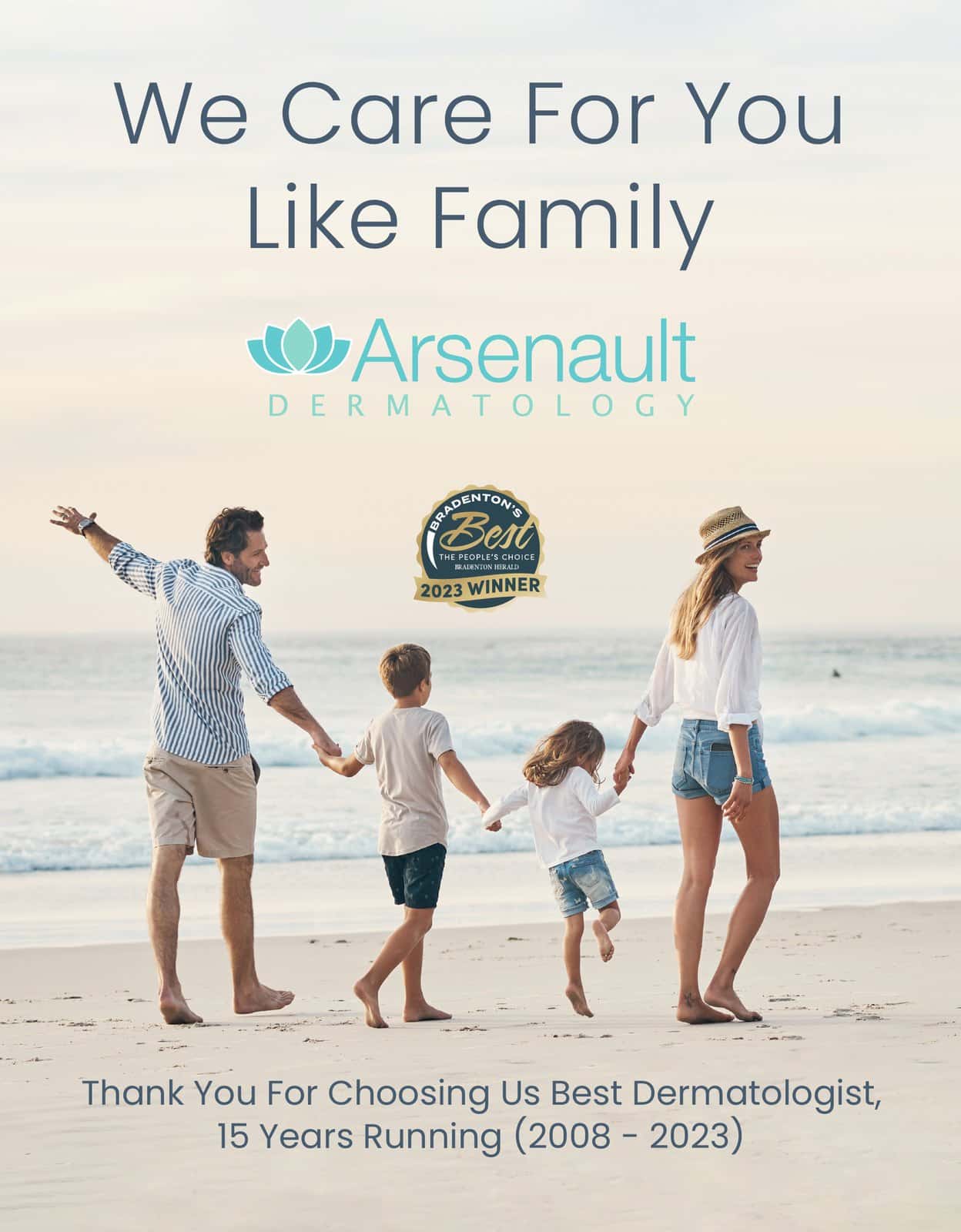 Graphic design for Arsenault Dermatology: a directory ad, "We Care for You Like Family," Bradenton's Best, 2023. Designed by Josh Miller