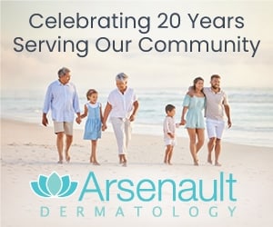 Graphic design for Arsenault Dermatology: a 300x250 display ad, "Celebrating 20 Years." Designed by Josh Miller