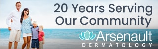 Graphic design for Arsenault Dermatology: a 320x100 display ad, "Celebrating 20 Years." Designed by Josh Miller
