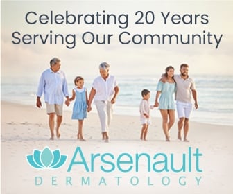 Graphic design for Arsenault Dermatology: a 336x280 display ad, "Celebrating 20 Years." Designed by Josh Miller