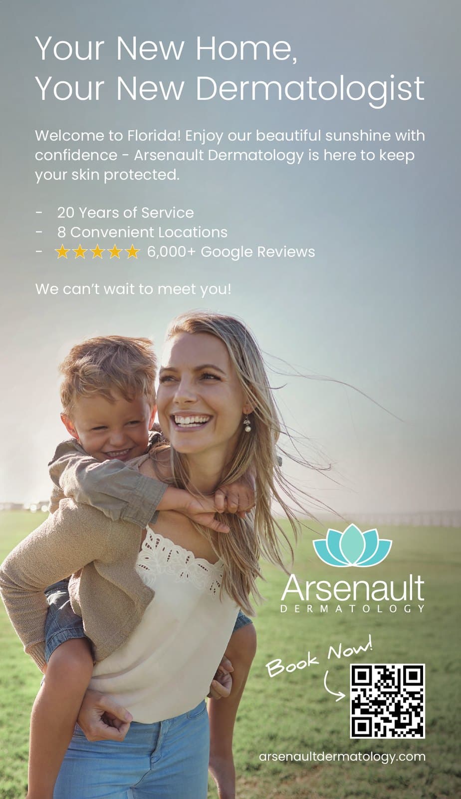 Graphic design for Arsenault Dermatology: a guide ad, "Your New Home, Your New Dermatologist," Venice Newcomers Guide, 2024. Designed by Josh Miller