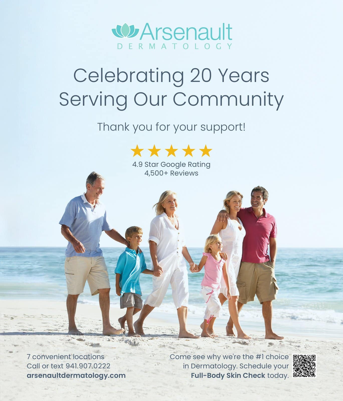 Graphic design for Arsenault Dermatology: a magazine ad, "Celebrating 20 Years Serving Our Community," LWR Life, 2023. Designed by Josh Miller