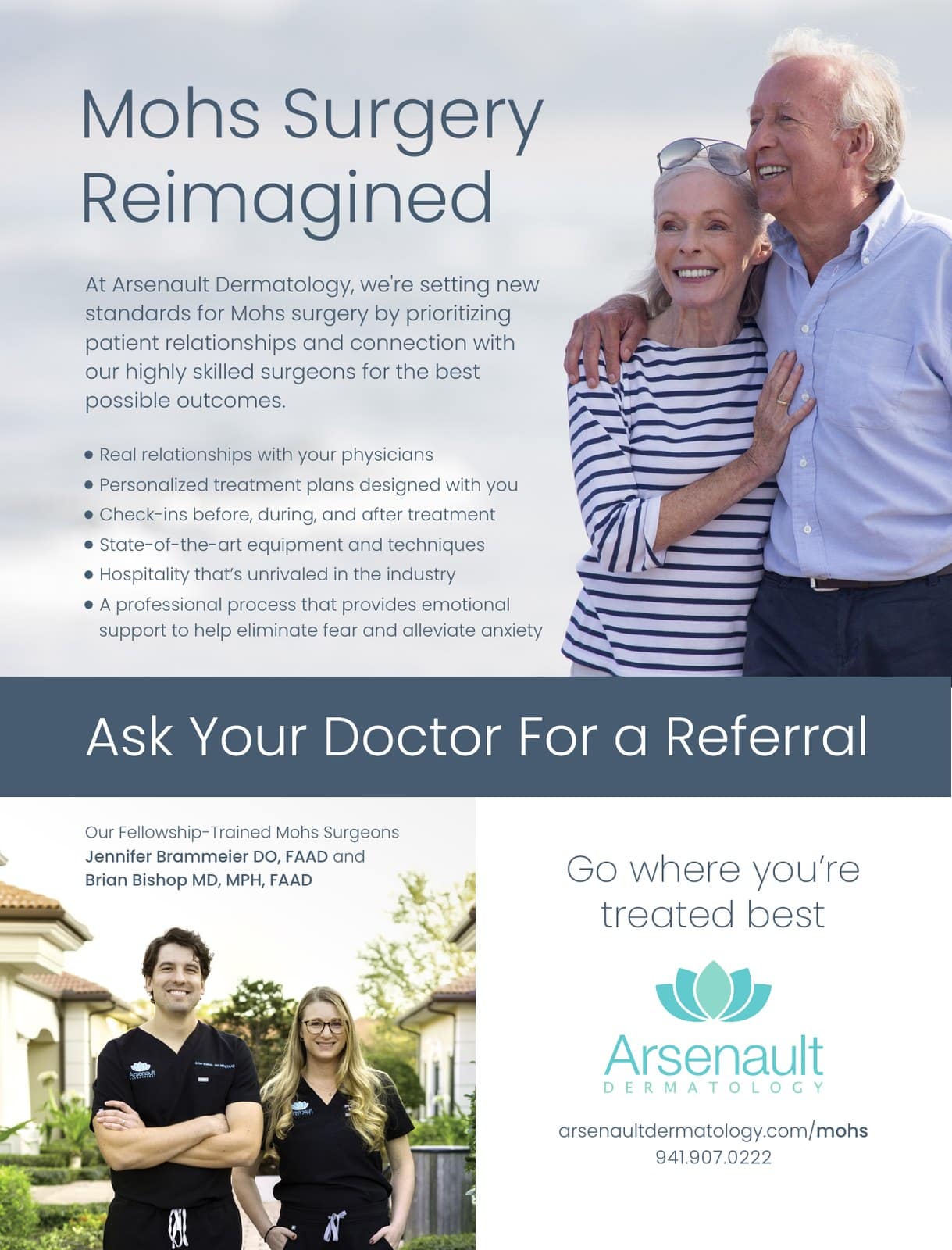 Graphic design for Arsenault Dermatology: a magazine ad, "Mohs Surgery Reimagined," Sarasota Magazine, 2023. Designed by Josh Miller