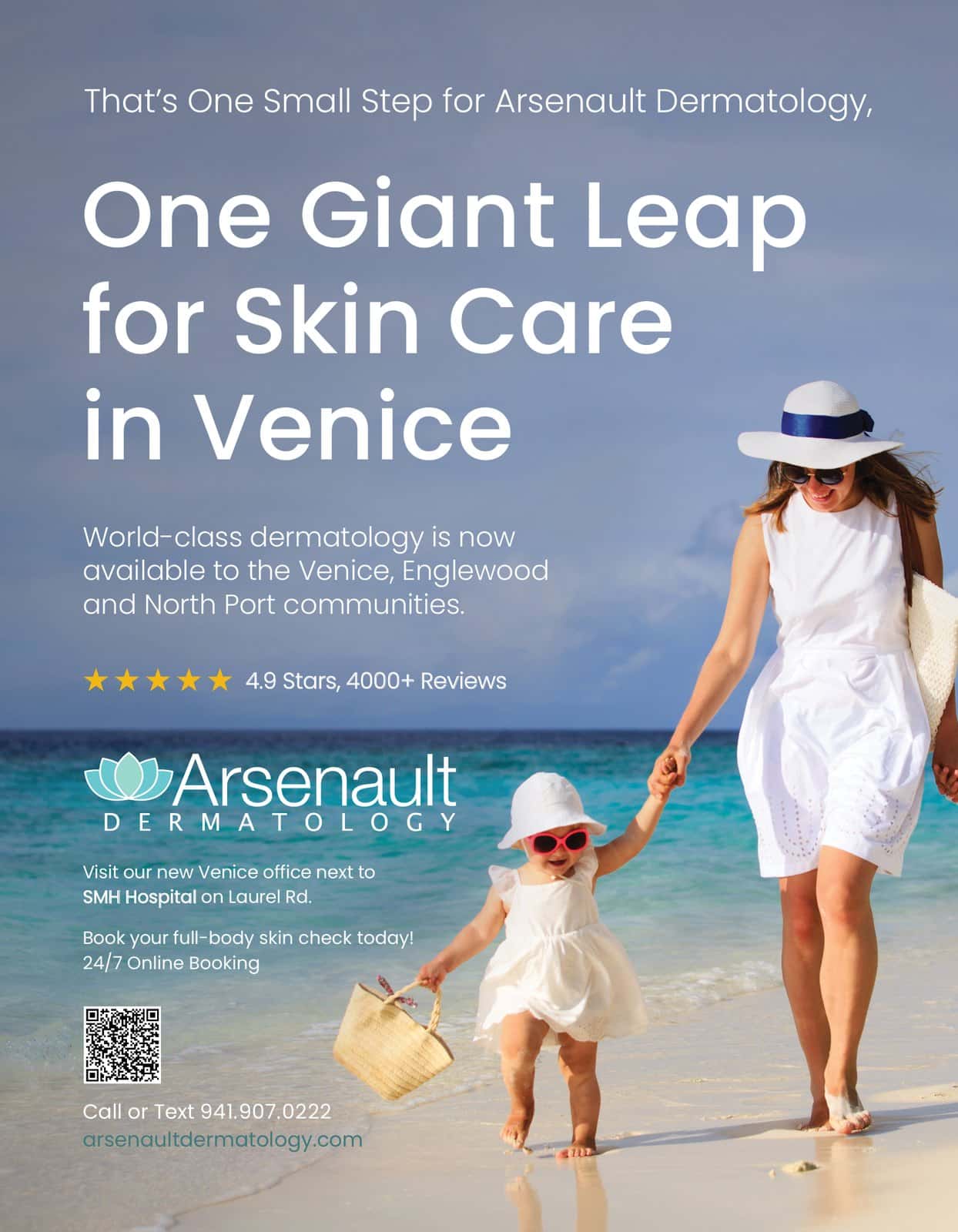 Graphic design for Arsenault Dermatology: a magazine ad, "One Giant Leap for Skin Care in Venice," Sarasota Scene, 2023. Designed by Josh Miller