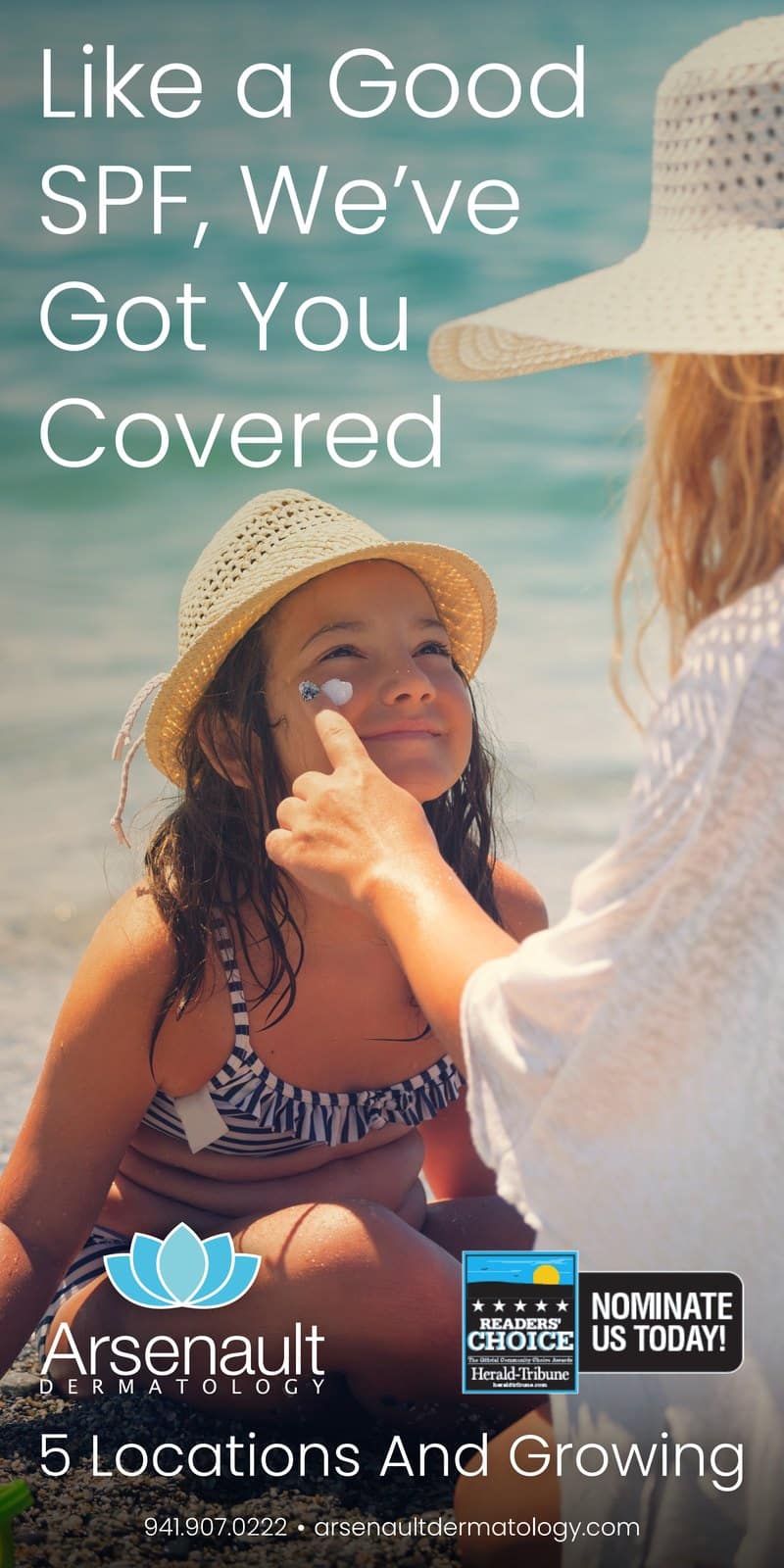 Graphic design for Arsenault Dermatology: a newspaper ad, "Like a Good SPF, We've Got You Covered," Sarasota Herald-Tribune, 2021. Designed by Josh Miller