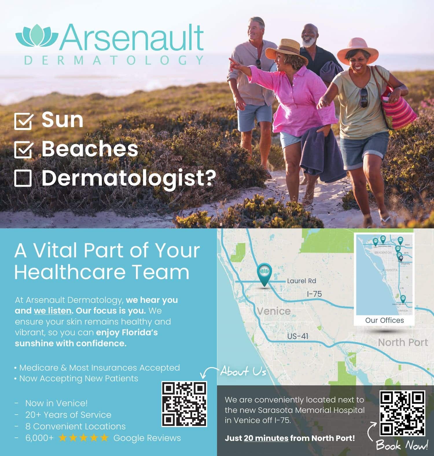 Graphic design for Arsenault Dermatology: a newspaper ad, "Sun, Beaches, Dermatologist," Venice Gondolier, 2024. Designed by Josh Miller