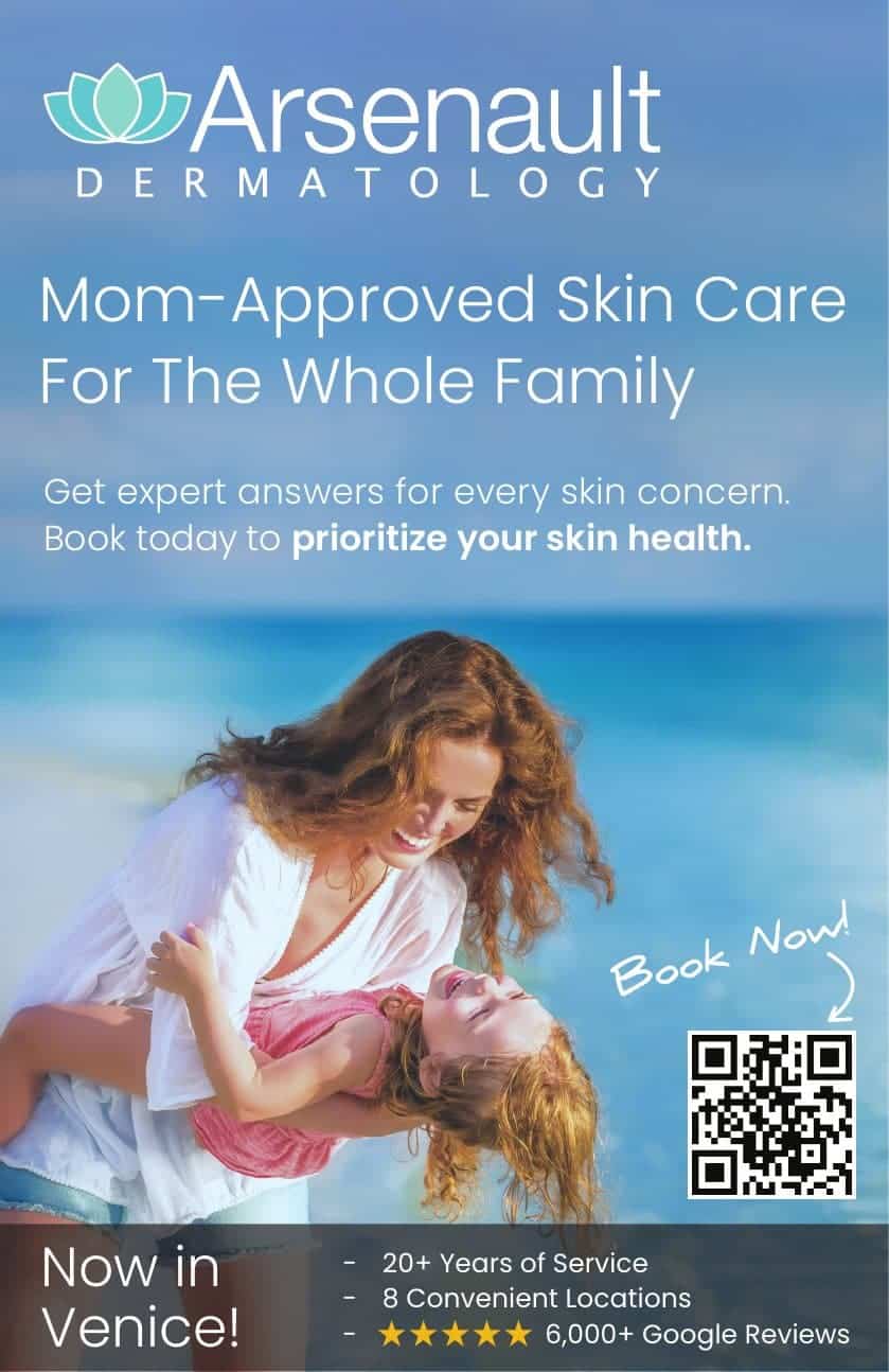 Graphic design for Arsenault Dermatology: a postcard, "Mom-Approved Skin Care for the Whole Family," Direct mail, Venice and North Port, 2024. Designed by Josh Miller