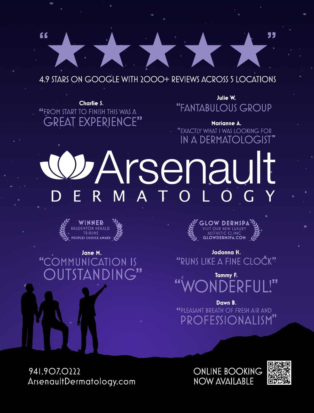 Graphic design for Arsenault Dermatology: a program ad, "Five stars from 3,000+ reviews," Asolo Rep program, 2021. Designed by Josh Miller