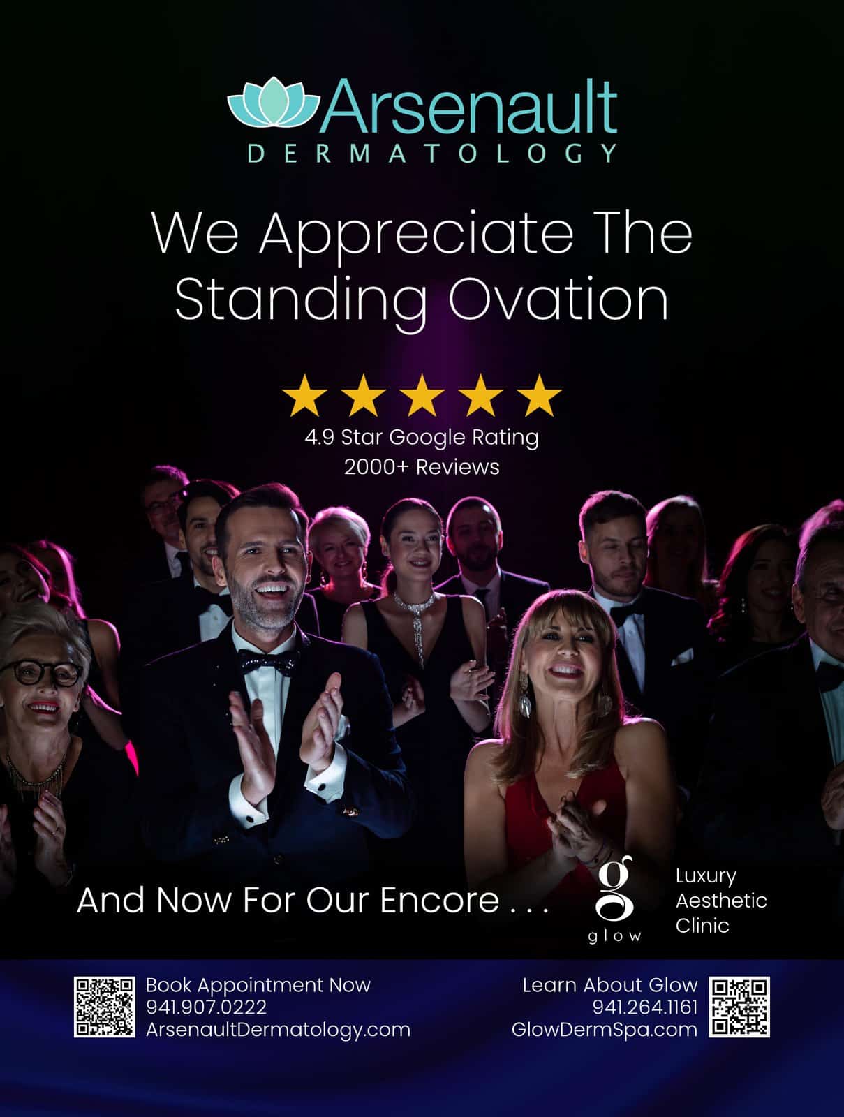 Graphic design for Arsenault Dermatology: a program ad, "We Appreciate the Standing Ovation," Sarasota Opera program, 2021. Designed by Josh Miller