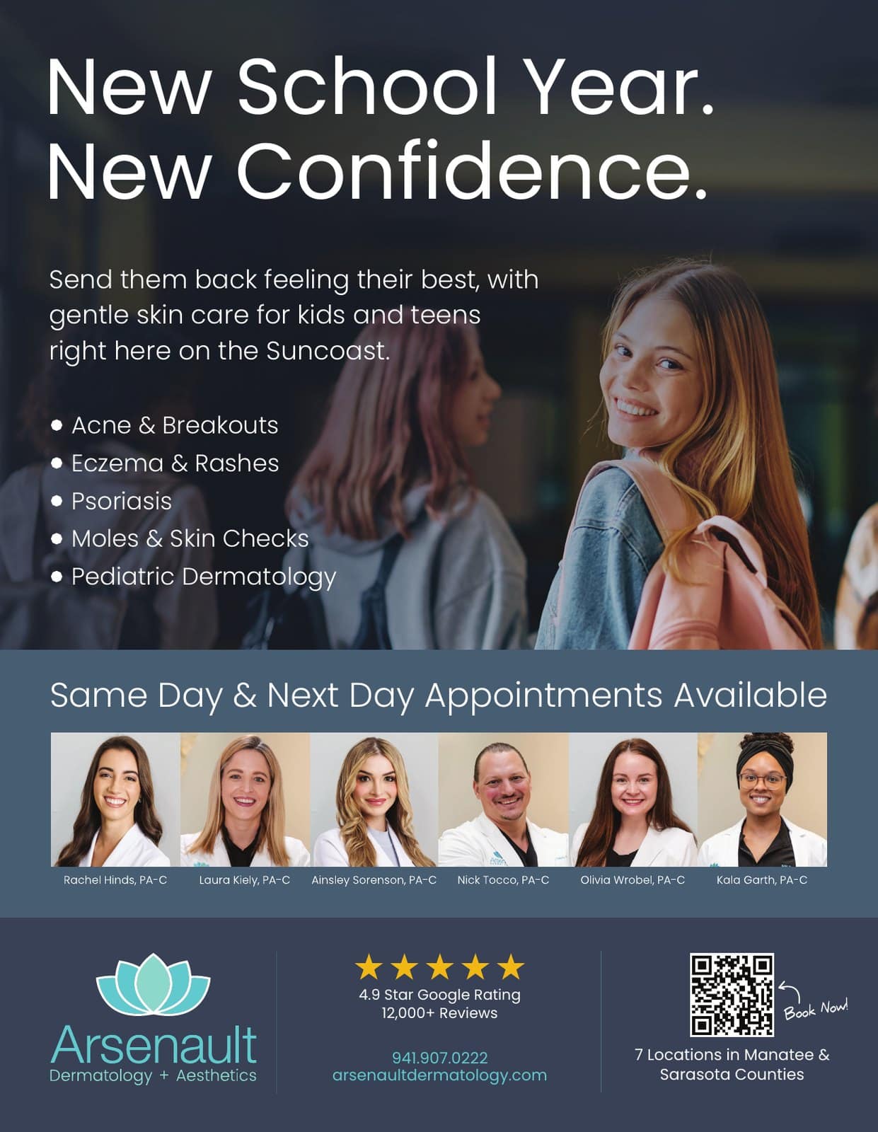 Graphic design for Arsenault Dermatology: a school publication ad, "New School Year. New Confidence," Sarasota County Schools, 2026. Designed by Josh Miller