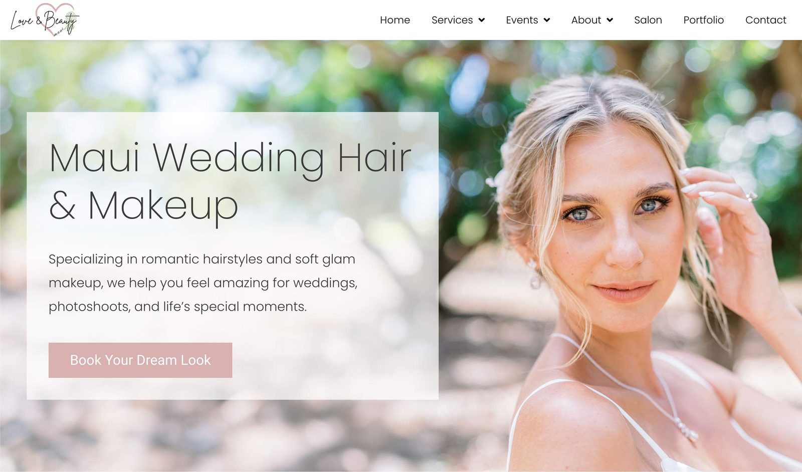 Love and Beauty Maui website design: the homepage, with a real bride photographed by one of the studio's wedding photographers