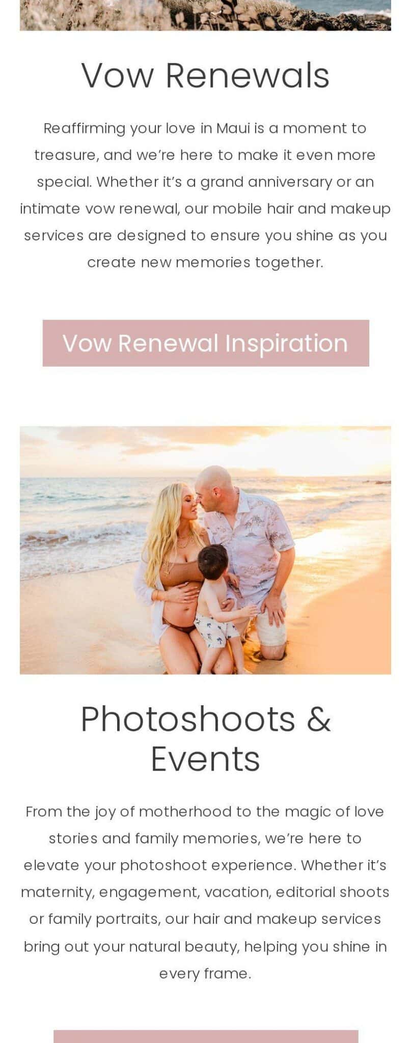Love and Beauty Maui website design: vow renewals, photoshoots and events on the homepage, on a phone