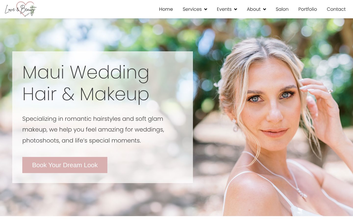 Love and Beauty Maui website design: the homepage, carrying the look of the pricing guide