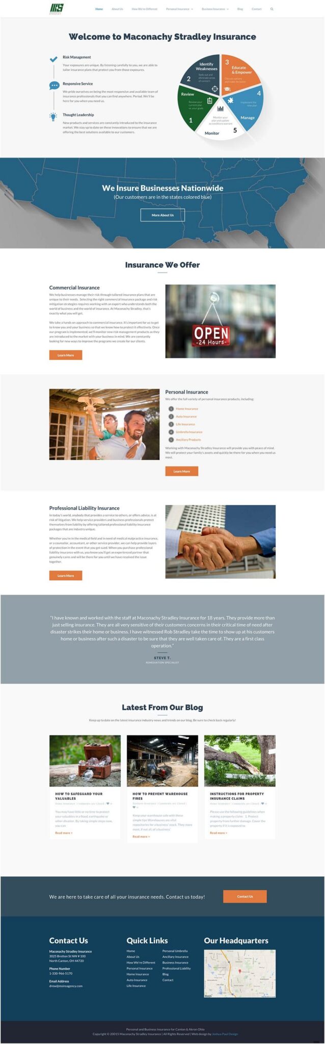 Maconachy Stradley Insurance website design: the homepage as it launched in 2015, with the five-step wheel and the client map