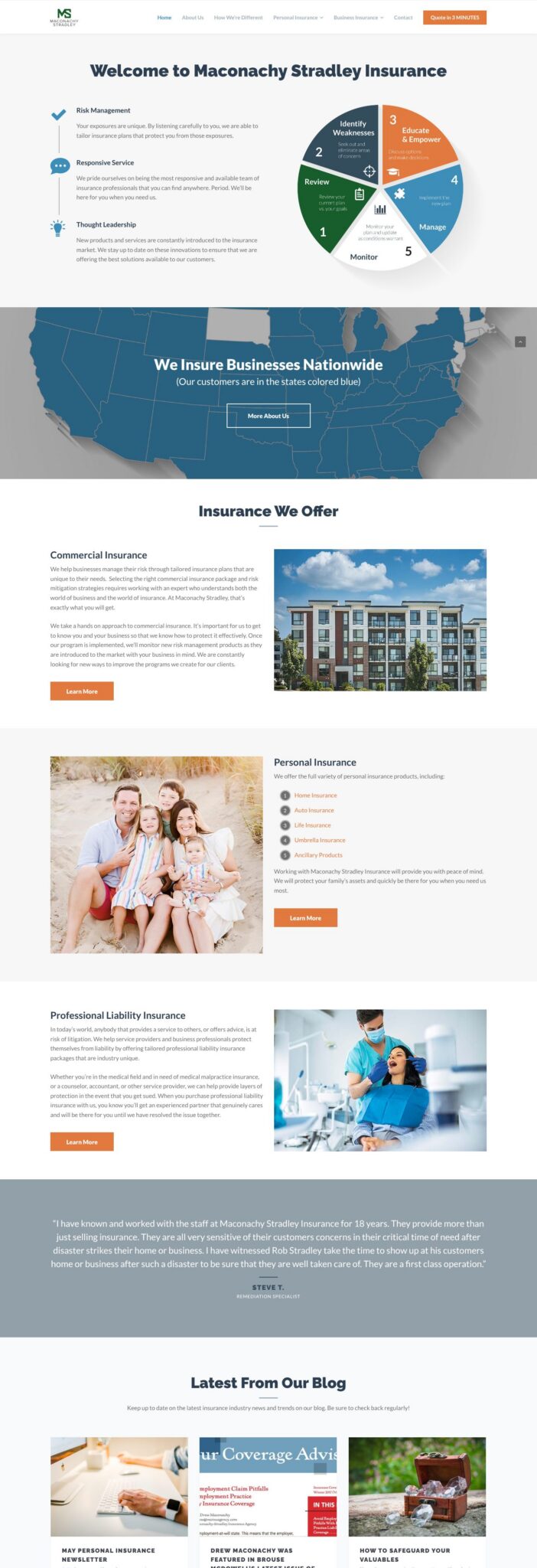 Maconachy Stradley Insurance website design: the full homepage in October 2026, with the same five-step wheel