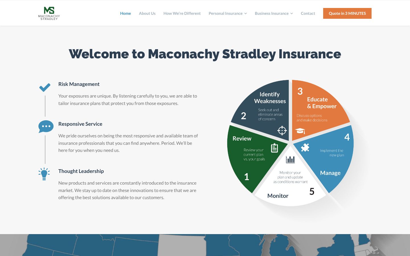 Maconachy Stradley Insurance website design: the homepage, with risk management, responsive service, and thought leadership beside the agency's risk management wheel