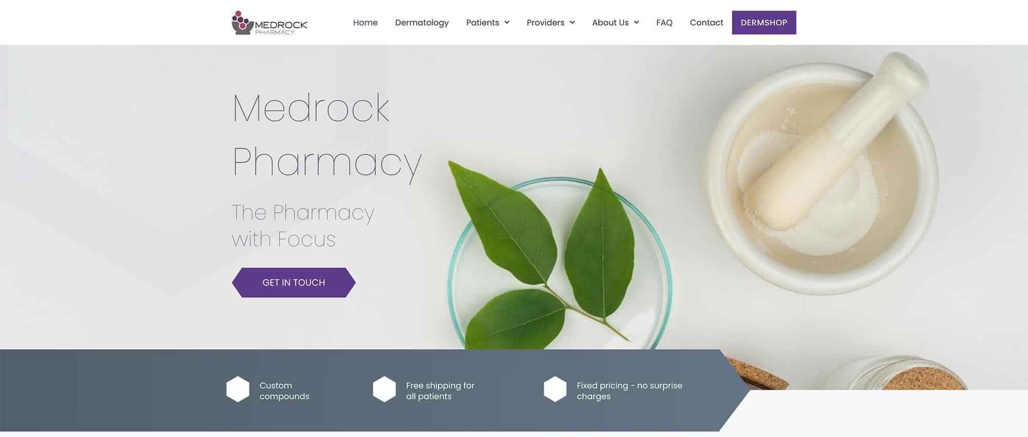 Medrock Pharmacy website design: the homepage, "The Pharmacy with Focus," with a hexagon-shaped button and hexagon bullets drawn from the logo