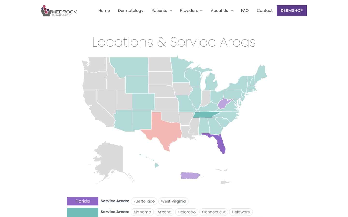 Medrock Pharmacy website design: the locations map, with its three pharmacies and the states each one serves