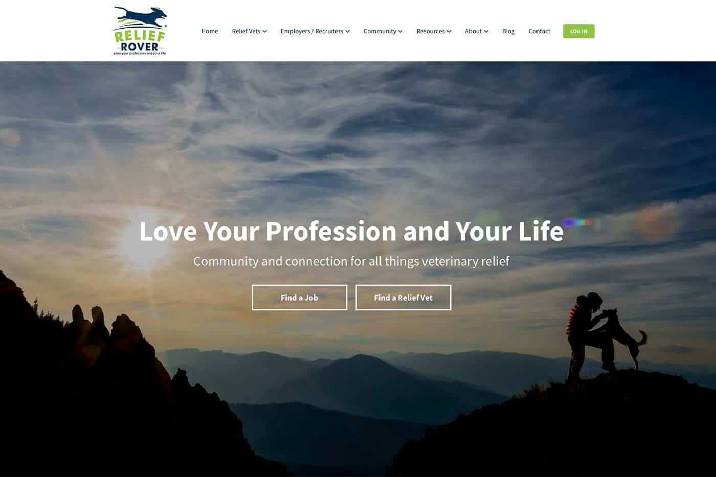 Relief Rover website design: the first website, 2018, "Love Your Profession and Your Life," over a hiker and a dog at sunset