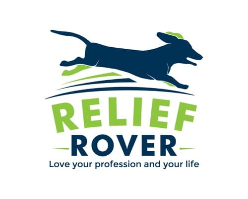 Relief Rover logo and website design: the logo Cindy Trice sent in 2017: a running dog, Relief Rover in green and navy, and Love your profession and your life