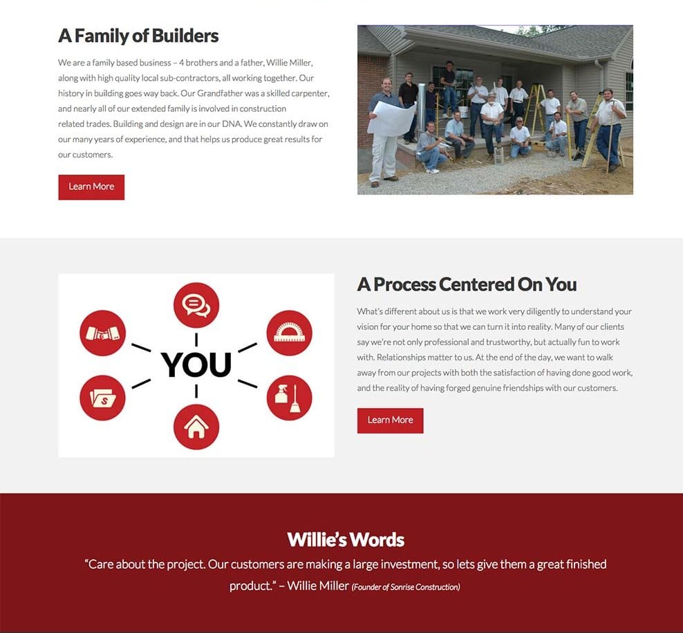 Sonrise Construction website design: the homepage in 2015: A Family of Builders, A Process Centered On You, and a Willie's Words band