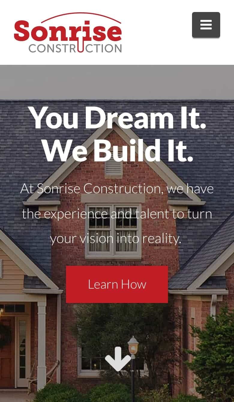 Sonrise Construction website design: the homepage on a phone, 2017