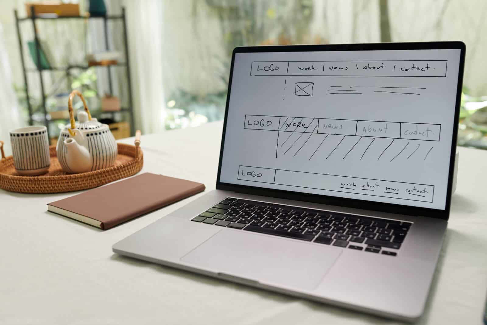 Successful website design in progress: a website wireframe on a computer screen