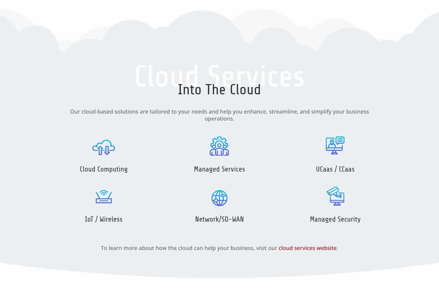 Teledata website design: the Into The Cloud section on the company website, with links to six cloud services