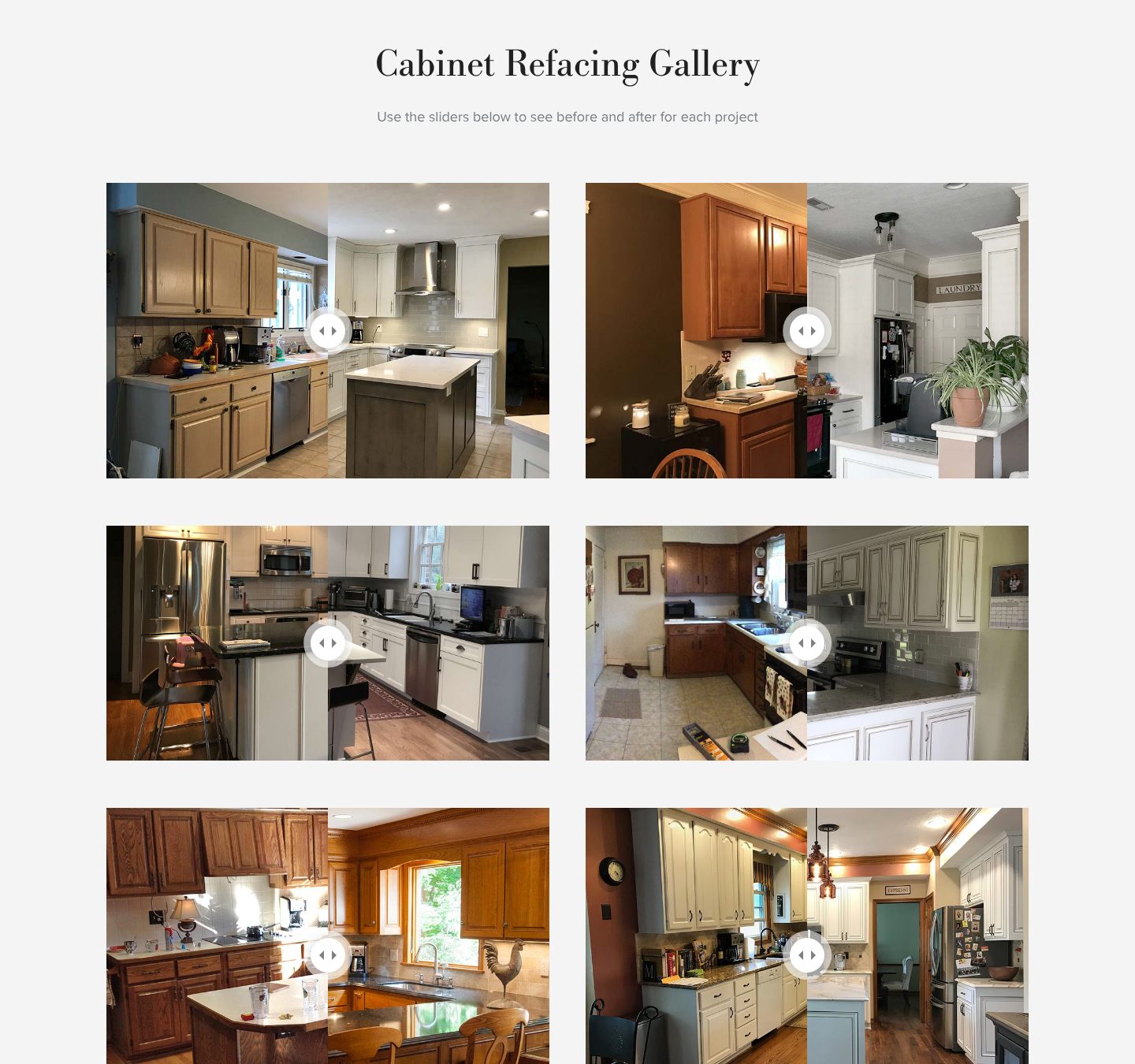 Troyer Transformations website design: the cabinet refacing gallery, with before-and-after sliders of real kitchens