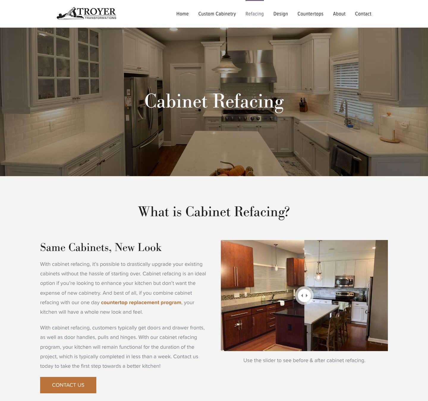 Troyer Transformations website design: the cabinet refacing page, explaining refacing beside a before-and-after slider