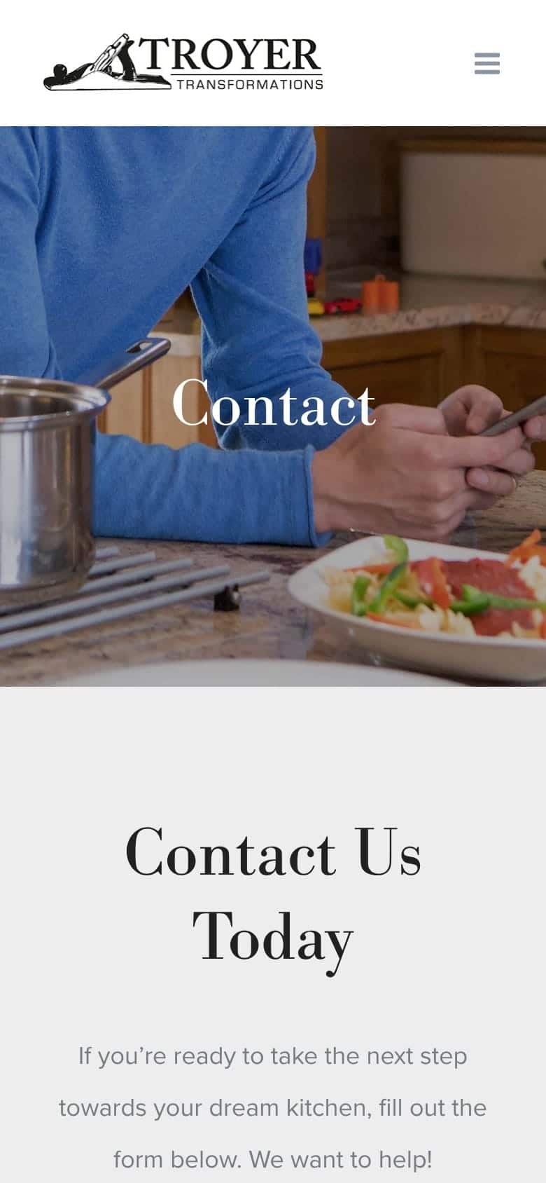 Troyer Transformations website design: the contact page on a phone