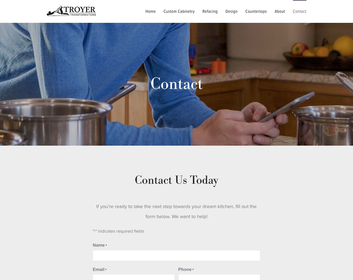 Troyer Transformations website design: the contact page, with the quote request form