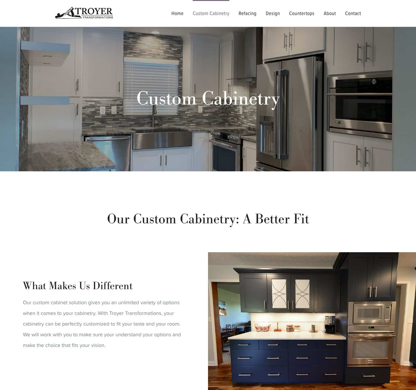 Troyer Transformations website design: the custom cabinetry page