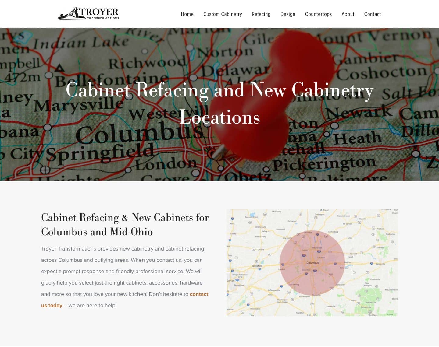 Troyer Transformations website design: the locations page, with a map of Columbus and Mid-Ohio