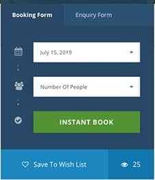 Vacayou website design: the booking box on a Vacayou trip page, 2019: a date, the number of people, Instant Book and Save to Wish List