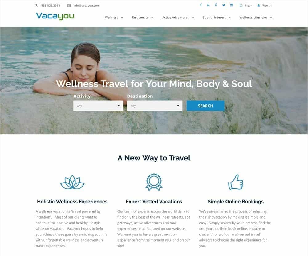 Vacayou website design: the first Vacayou homepage, 2019: Wellness Travel for Your Mind, Body and Soul, with a trip search by activity and destination