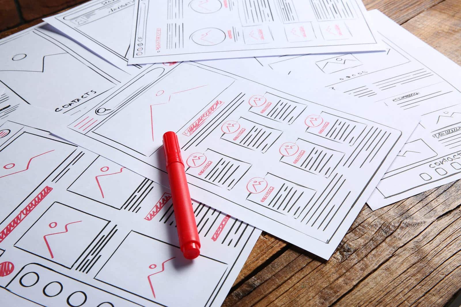 Website project planning: wireframe sketches and a felt pen on a wooden table