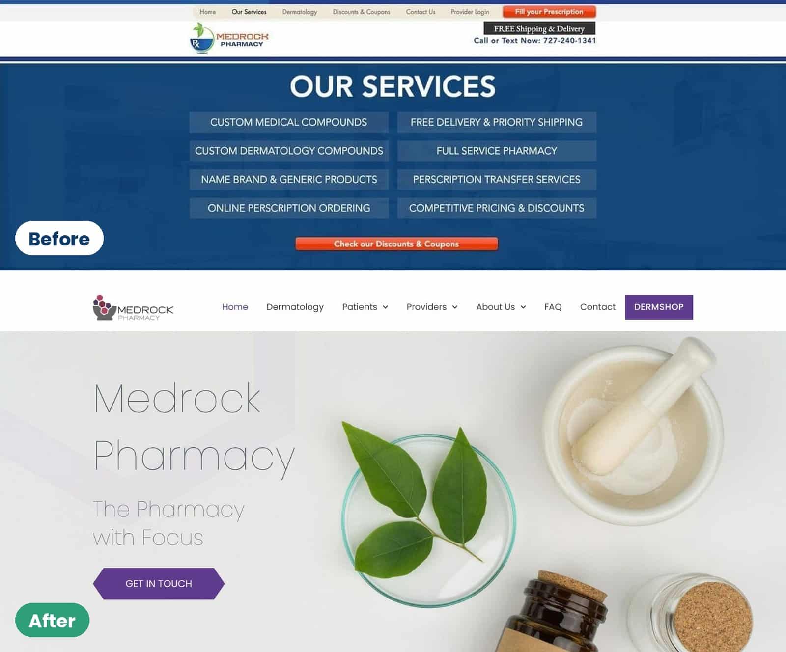 Website updates for Medrock Pharmacy: before, the old site in 2020 with a blue services page; after, the current homepage, "The Pharmacy with Focus"
